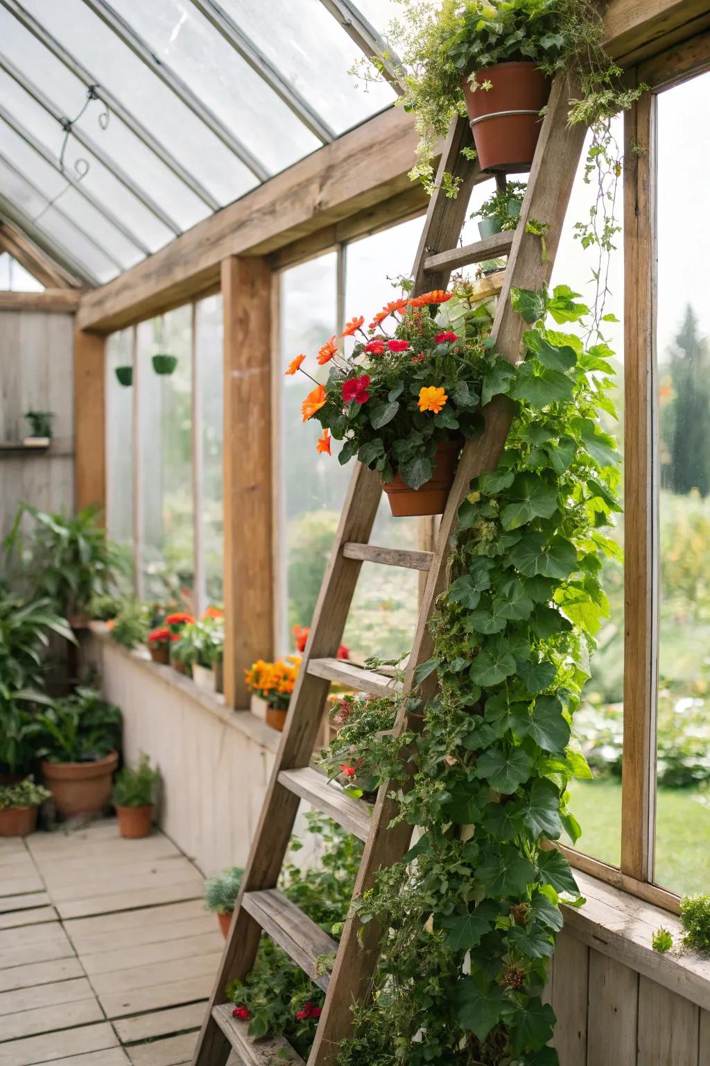 Elegant ladder shelving displaying a variety of cascading plants.