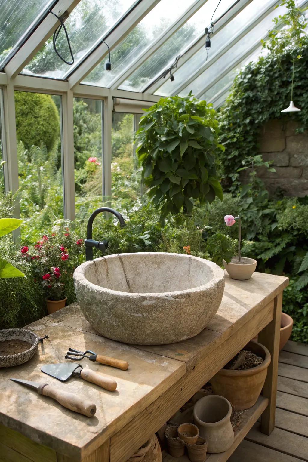 A rock sink that radiates sophistication and merges with the natural backdrop.