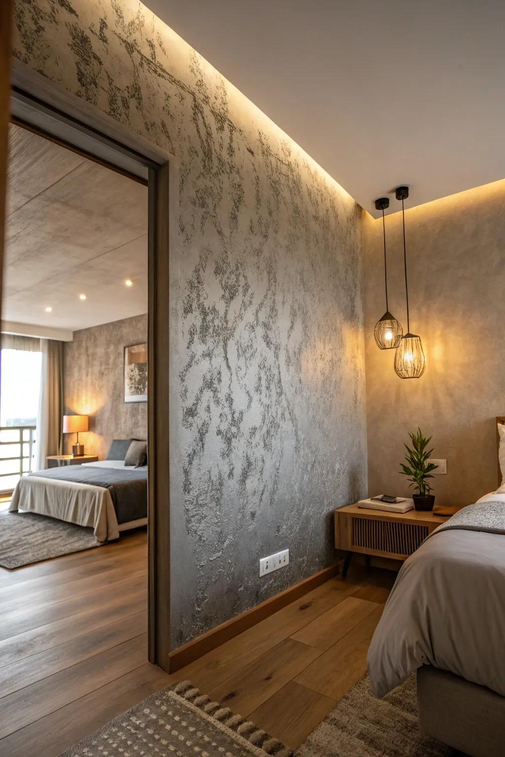 A minimalist bedroom accented by a textured grey feature wall to amplify visual depth.
