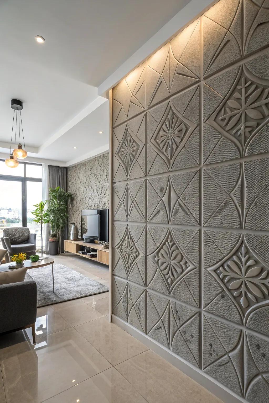 A textured grey accent wall with geometric designs.