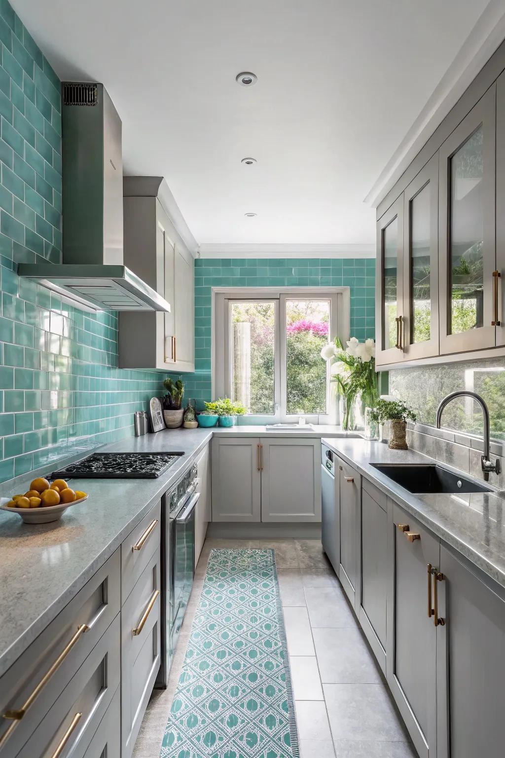 Aqua brick style introduces both color and depth to a fog kitchen.