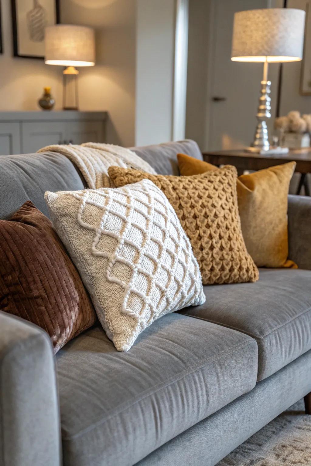 A variety of textures enriches the dimension and appeal of your sofa arrangement.