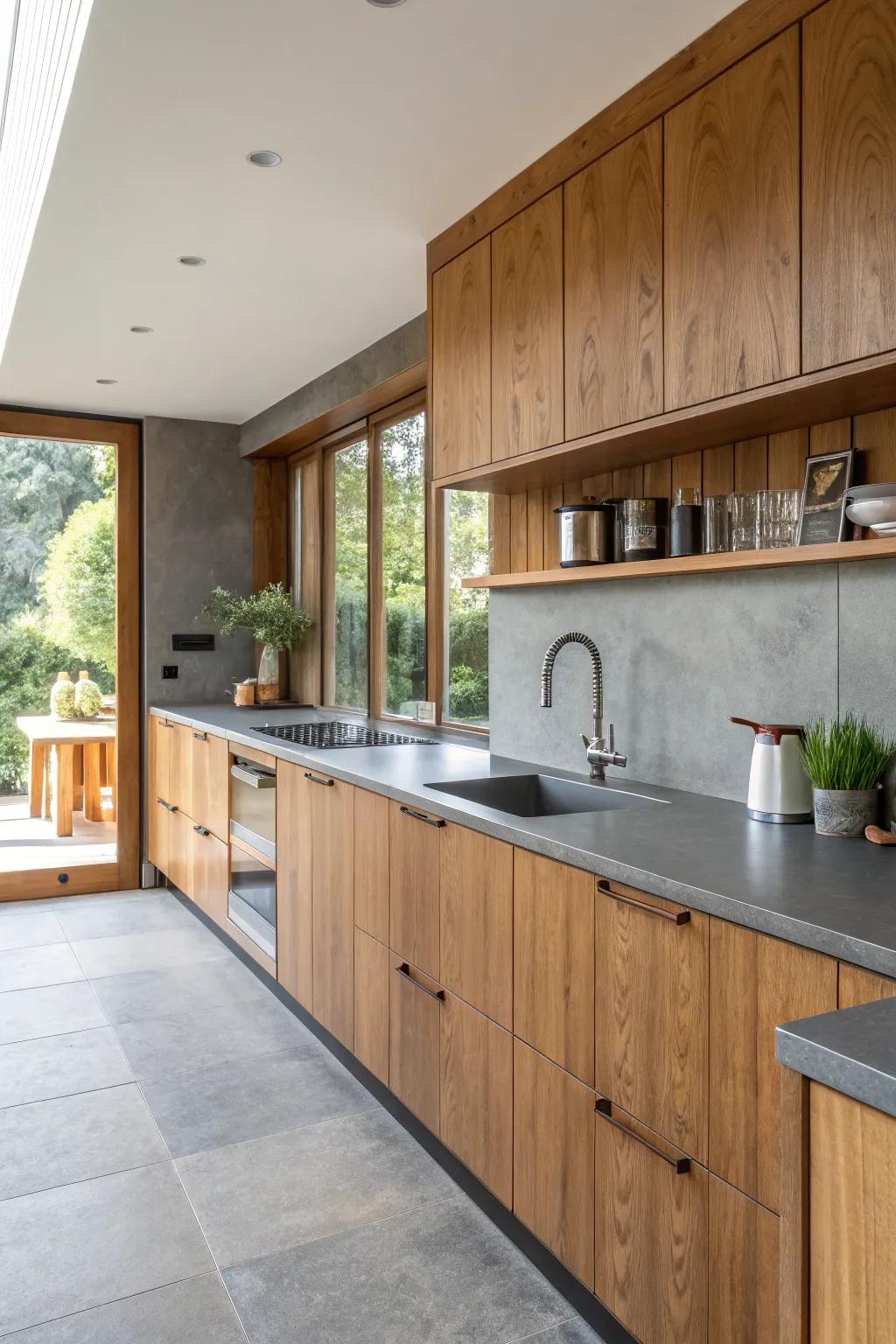 A kitchen featuring textured grey countertops and inviting highlights.