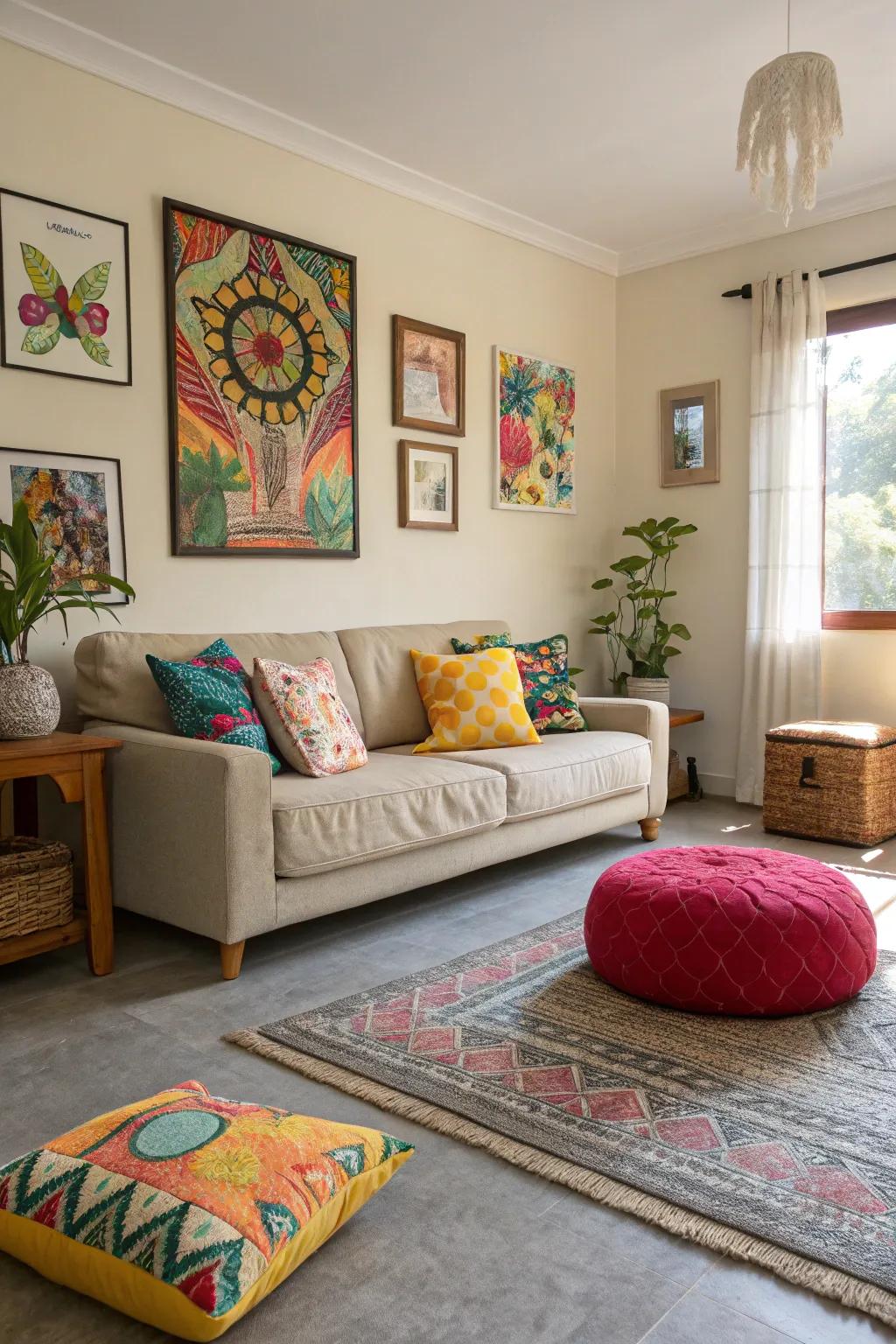 Dabs of color energize grey flooring.