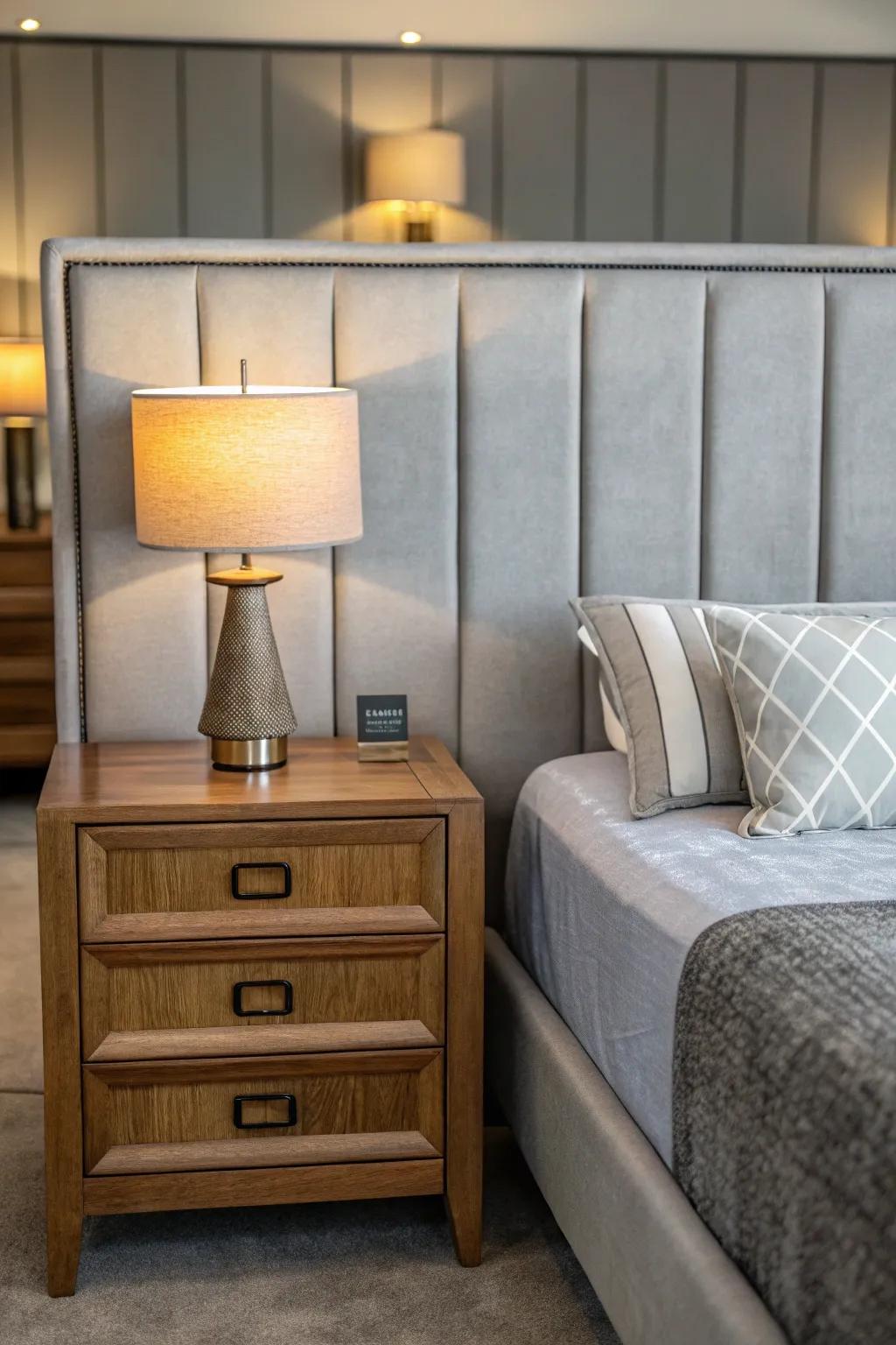 A harmonious bedroom design with furniture that complements the stone-toned headboard.