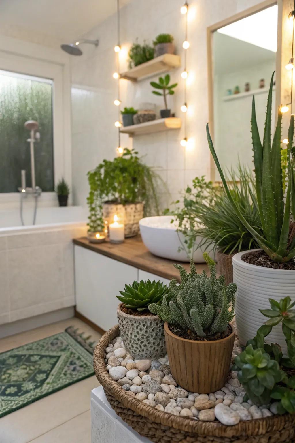 A guest bathroom enhanced with vibrant greenery, showcasing succulents and petite plants.