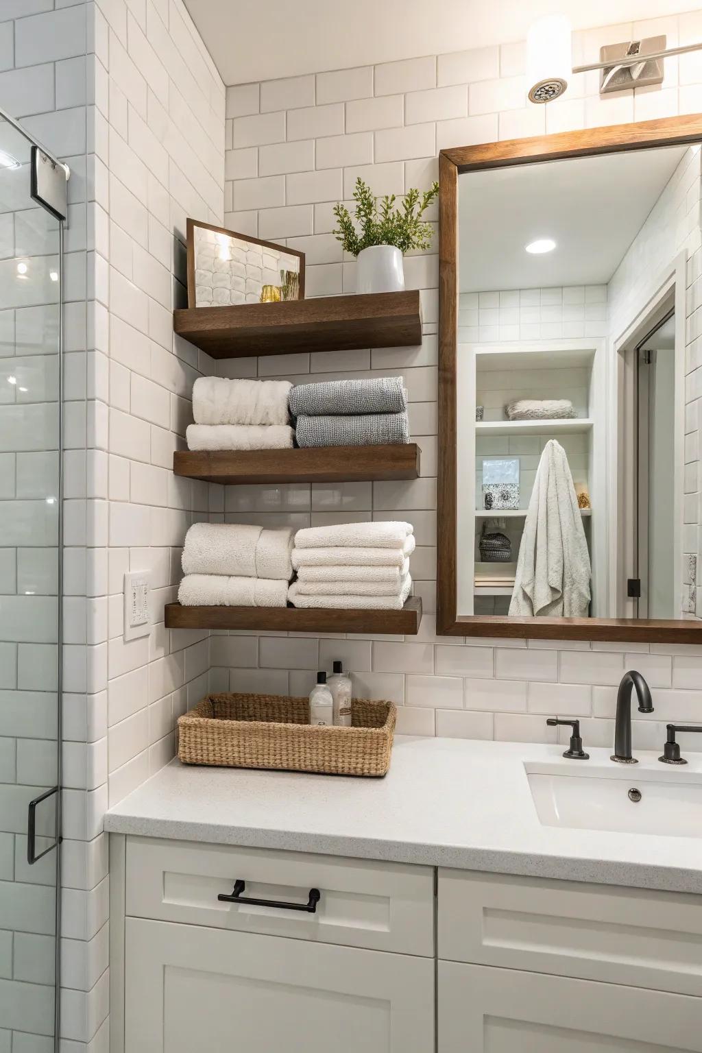 Floating shelves impart a contemporary charm to towel exhibits.