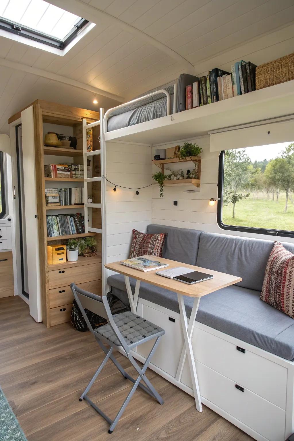 A cleverly designed compact guest house that maximizes space with smart furniture choices.
