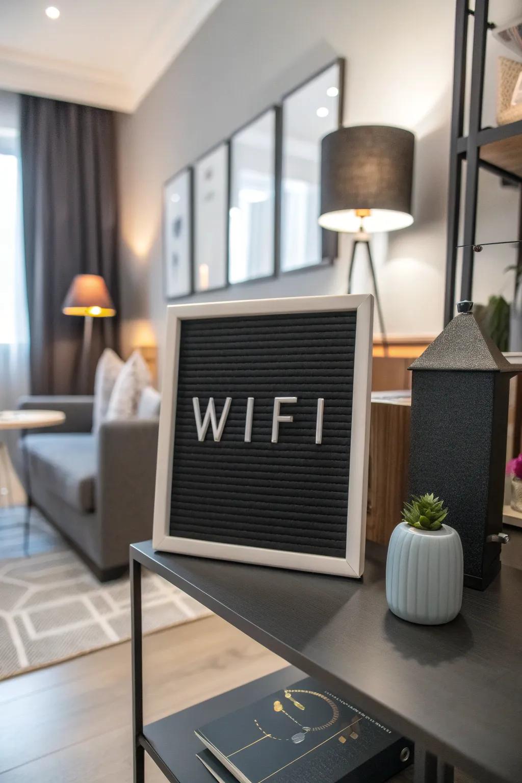 A letterboard displaying WiFi details with a contemporary vibe.