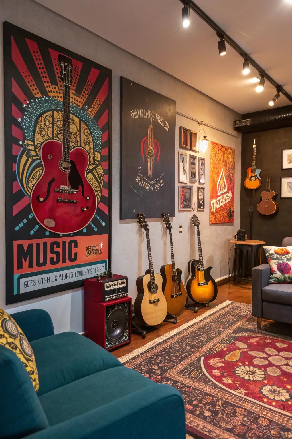 Music-themed art adding flair and soul to the guitar room.