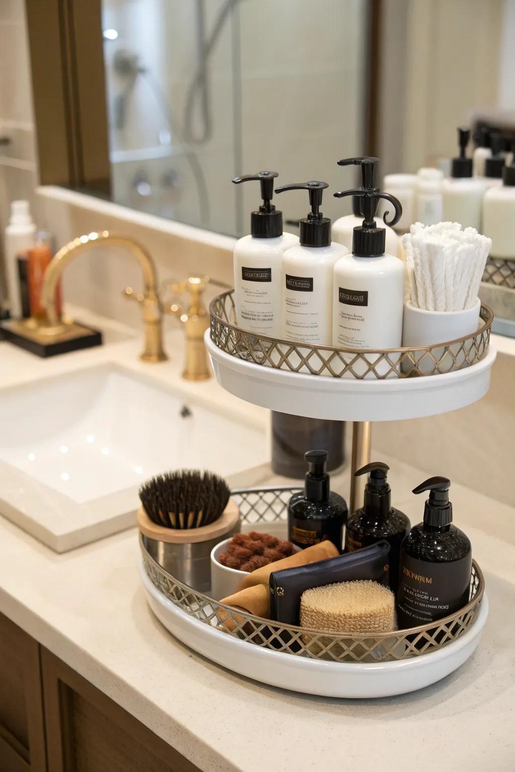 Chic multi-level trays keep hair products organized and accessible.