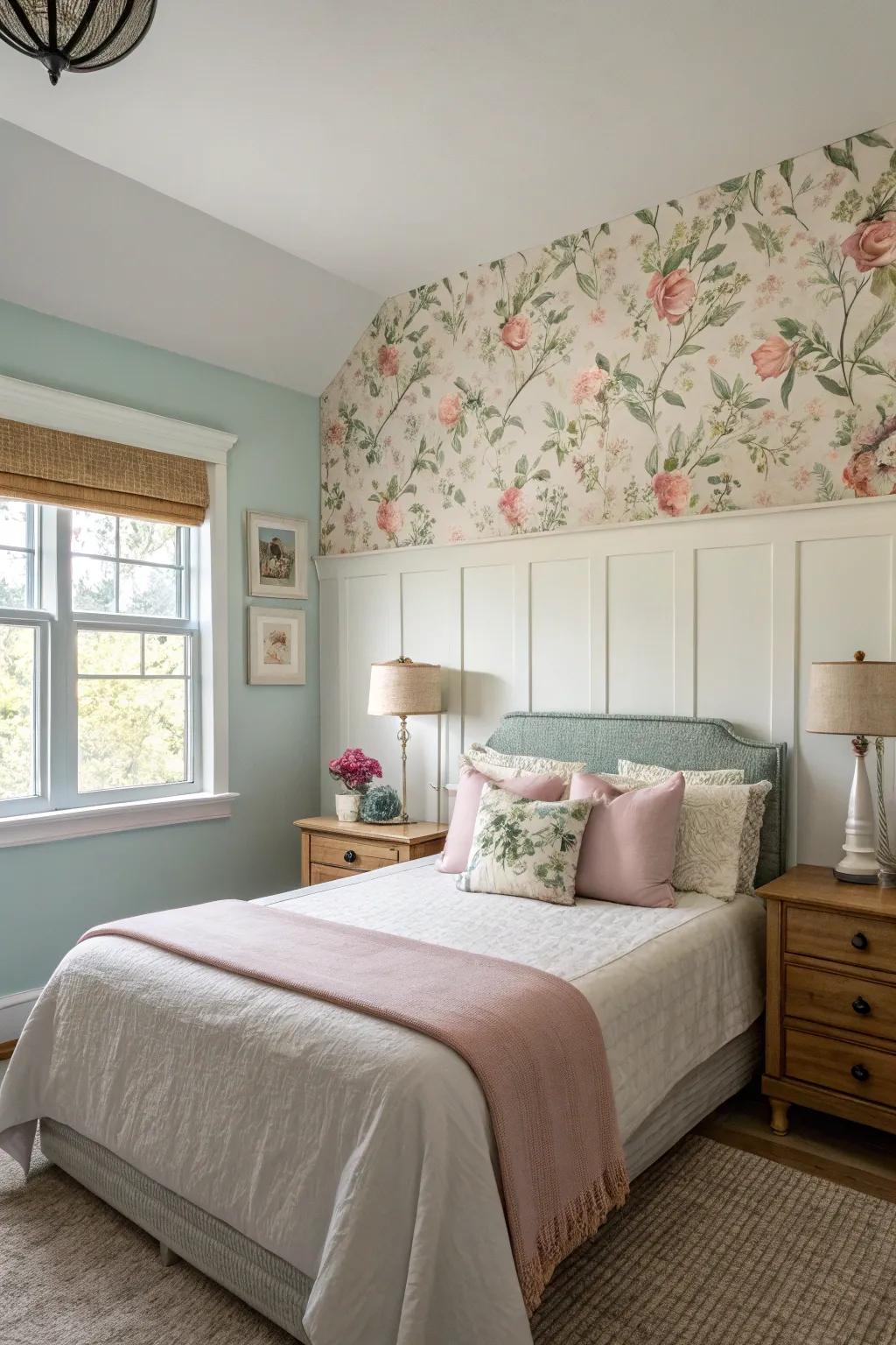 A dreamy bedchamber ambiance featuring floral wallcoverings and pastel coating, cultivating a sentimental atmosphere.