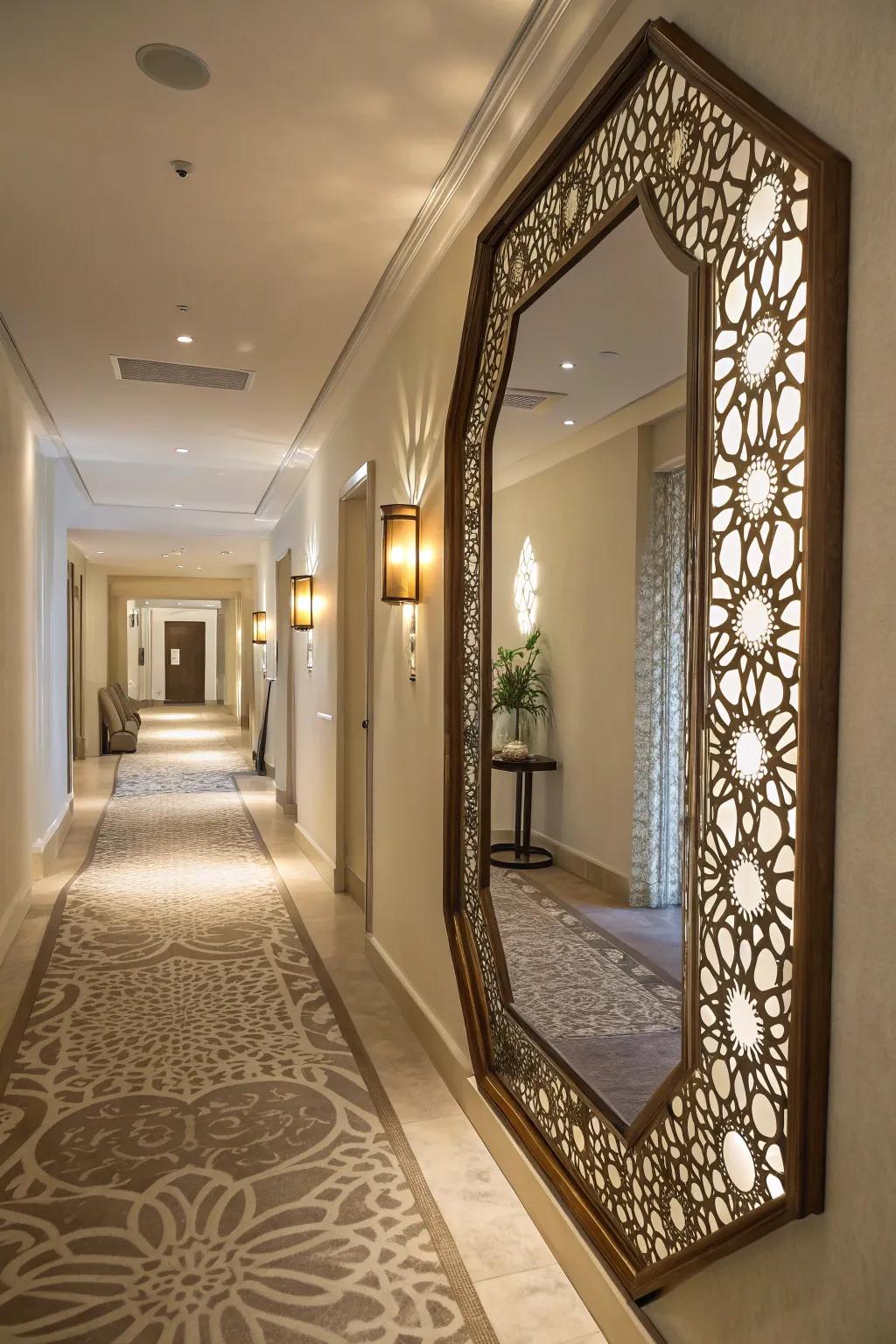 Mirrors can give the illusion of more space and light in a hallway.