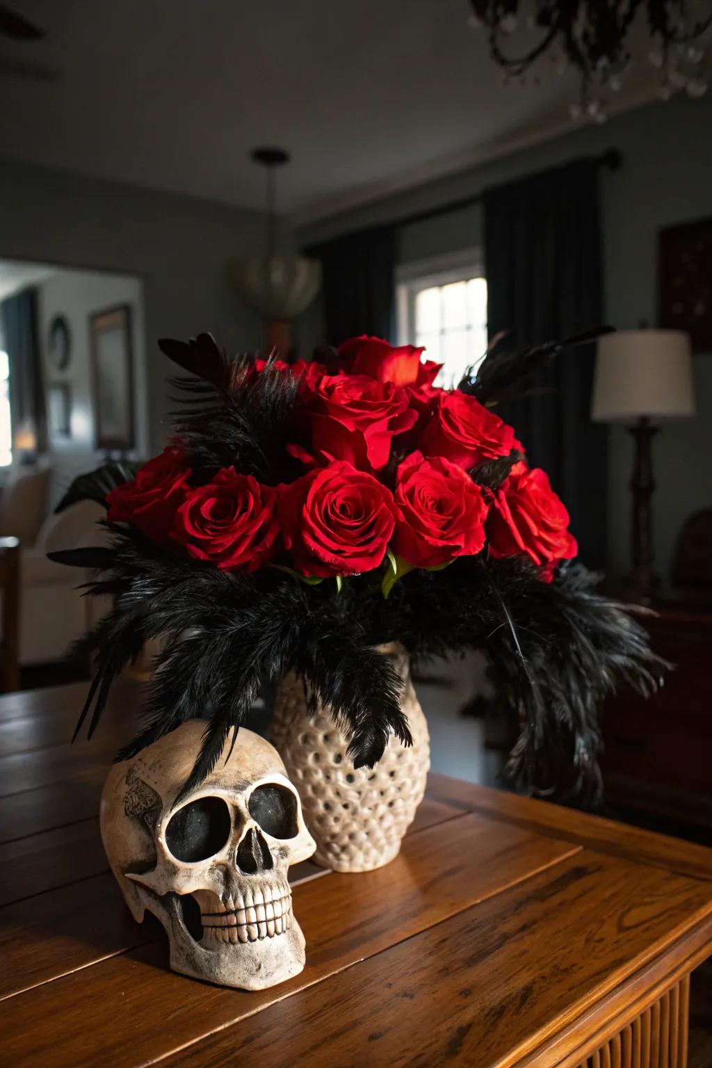 Avant-garde yet polished, this cranium-vase bouquet imbues your Halloween scheme with dramatic zest.