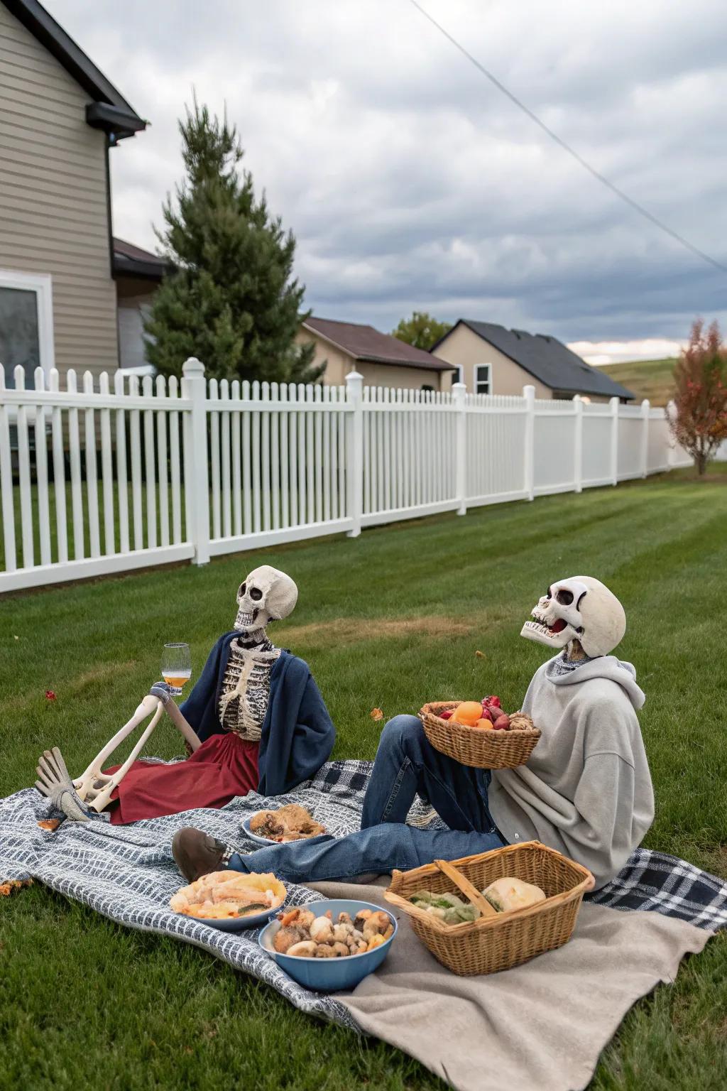 An amusing skeleton gathering brings a cheerful vibe to your Halloween decorations.