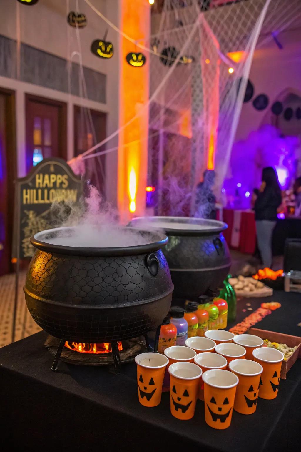 A witch's brew drink station establishes a spooky atmosphere.