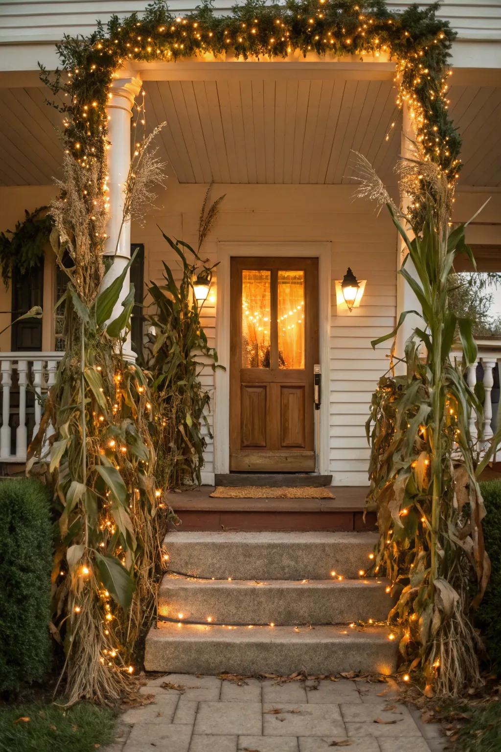 Harvest stalks bring an earthy, seasonal atmosphere to this Halloween arrangement.