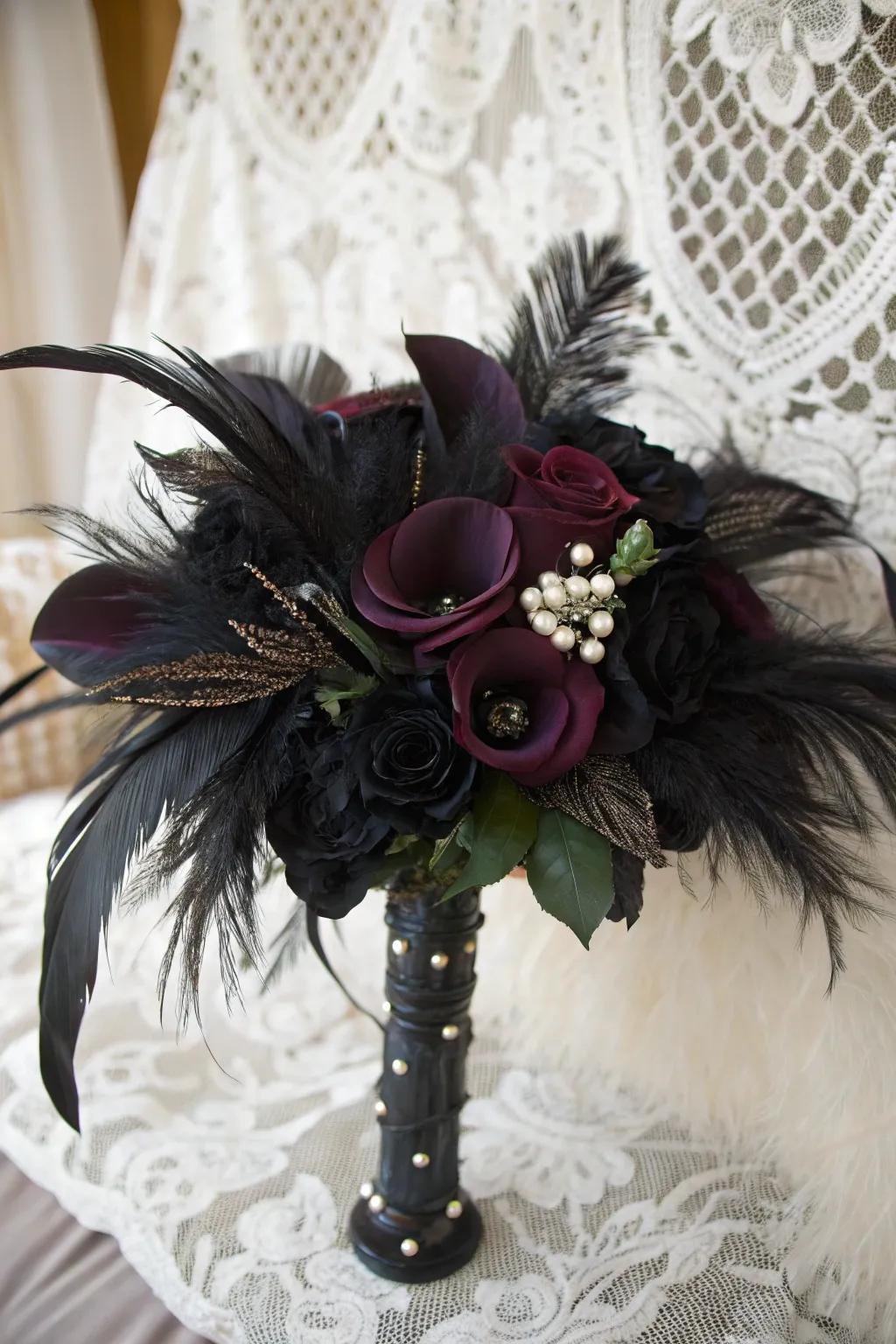 Plumes contribute a distinctive, otherworldly accent to Halloween wedding bunches.