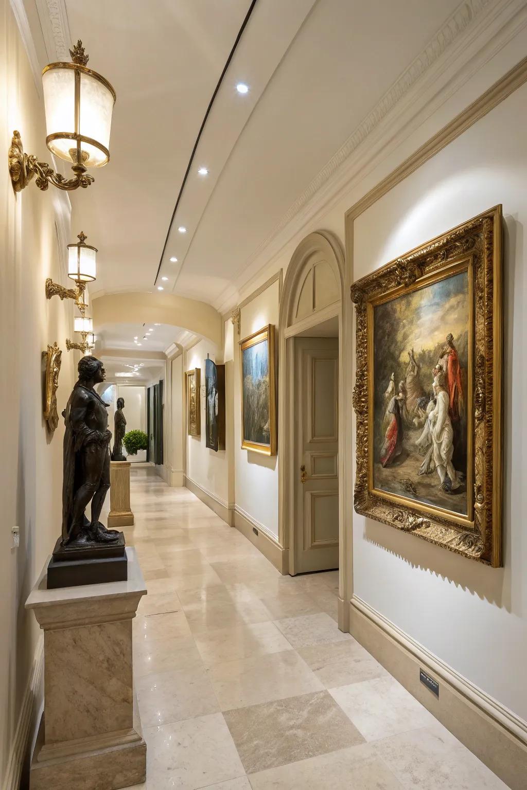 An unconventional mixture of artistic styles imparts character to any hallway.
