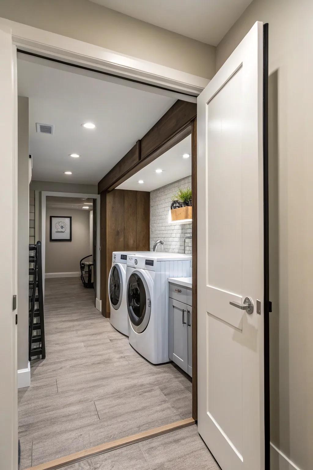 Pocket doors provide a neat and space-saving entrance to a laundry space.