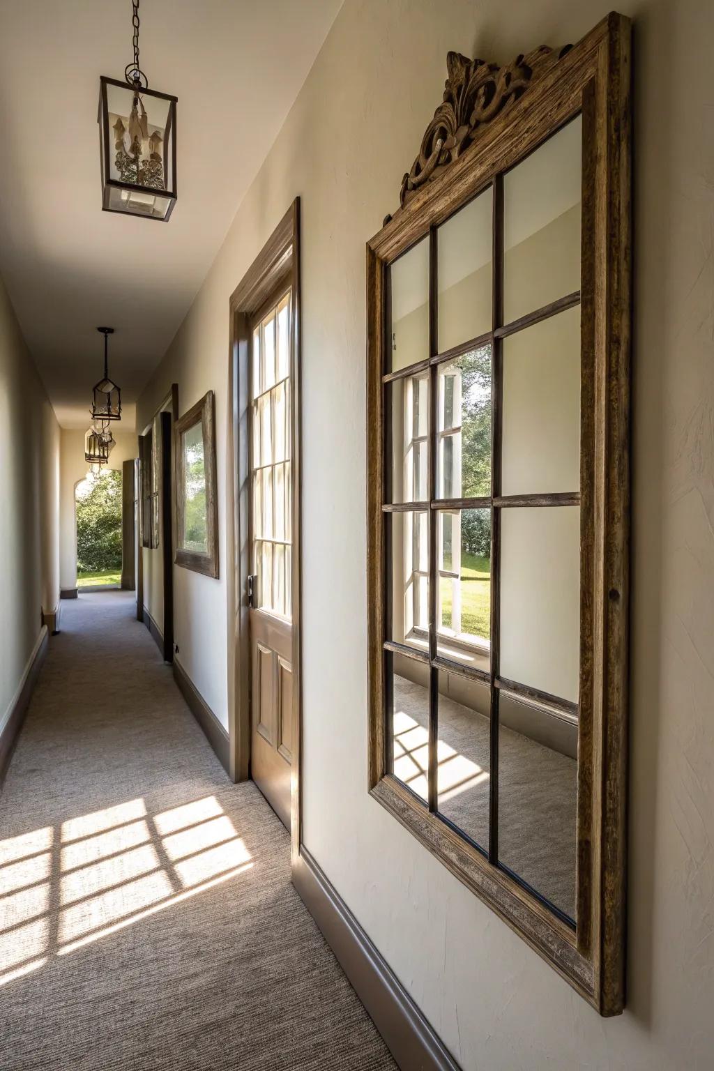 Windowpane mirrors bring brightness and an expansive feel to any hallway.