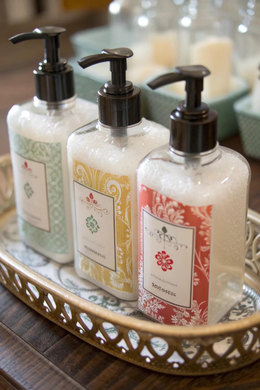 Bespoke-labeled hand cleansers poised for gifting.
