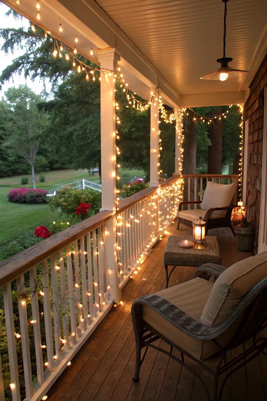 Fairy lights entwined around handrails, introducing a festive atmosphere