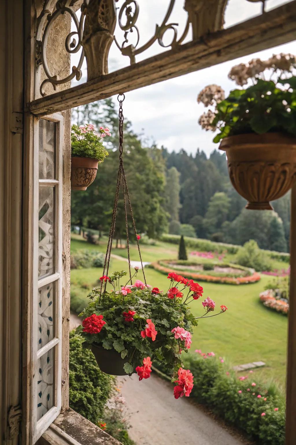A countryside window structure accentuates charming geraniums.