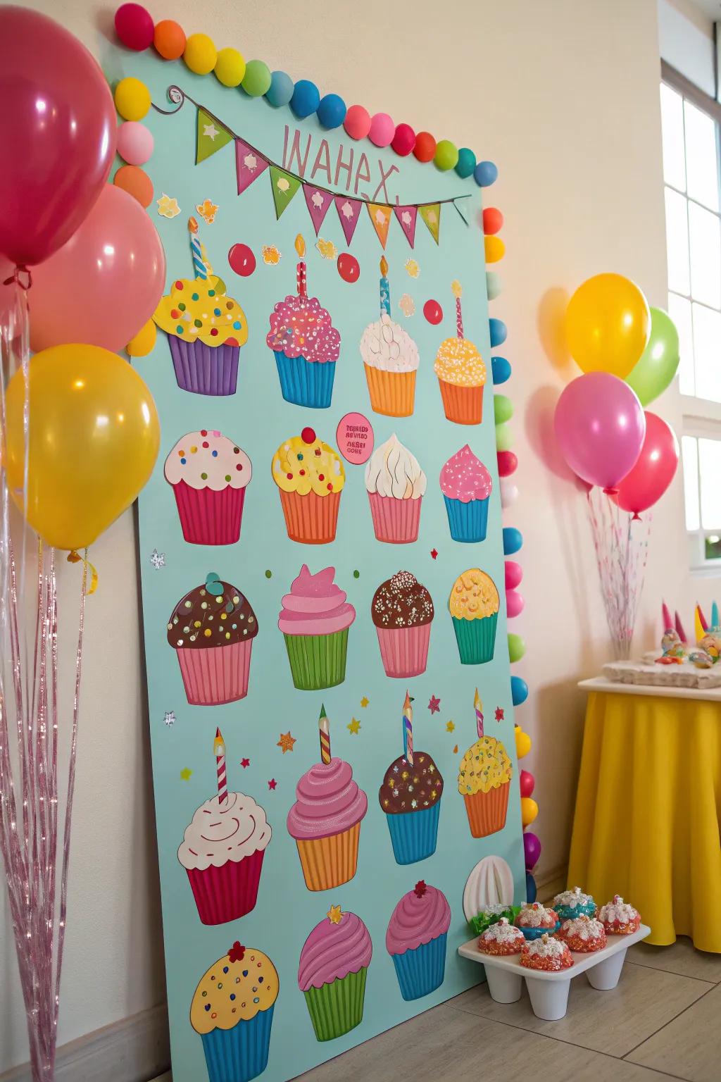 A charming and vibrant cupcake-themed birthday display.