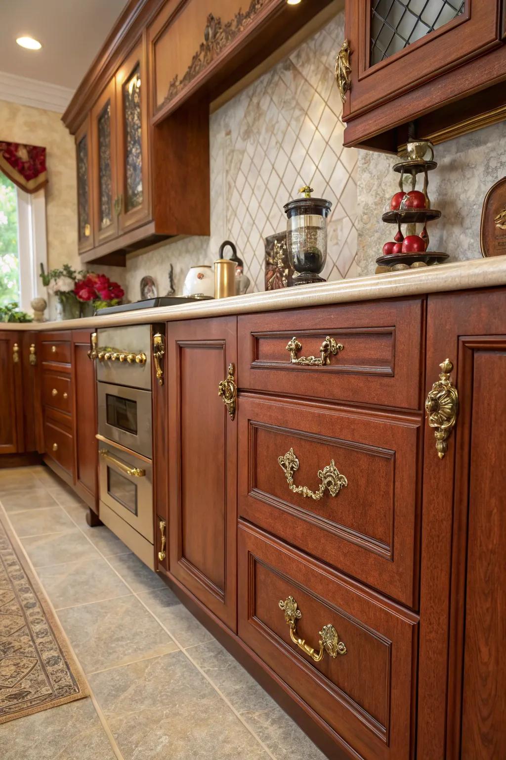 Ornate brass pulls evoke a feeling of nostalgia and allure.
