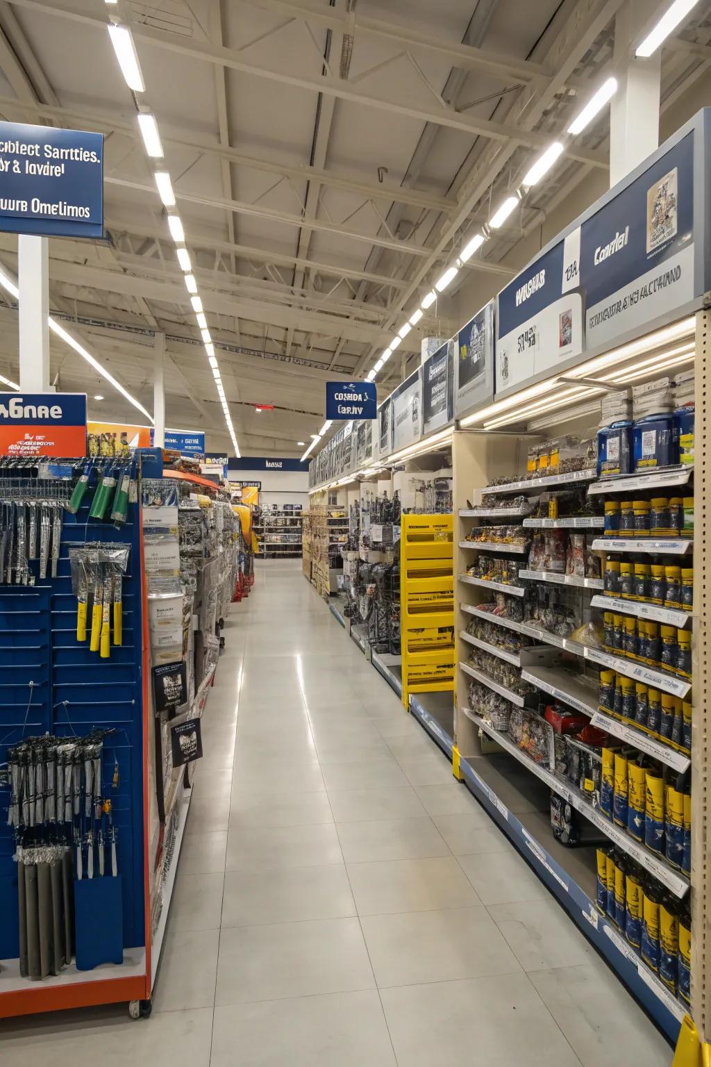 A neatly arranged aisle with categorized items and clear signs.