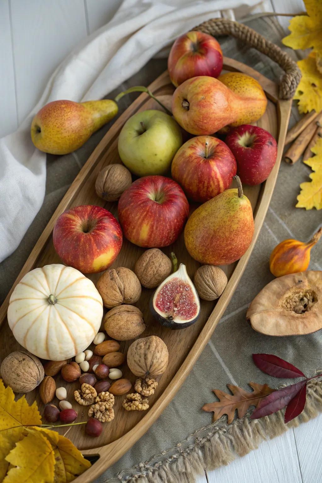 A generous harvest platter brimming with seasonal fruits and nuts.