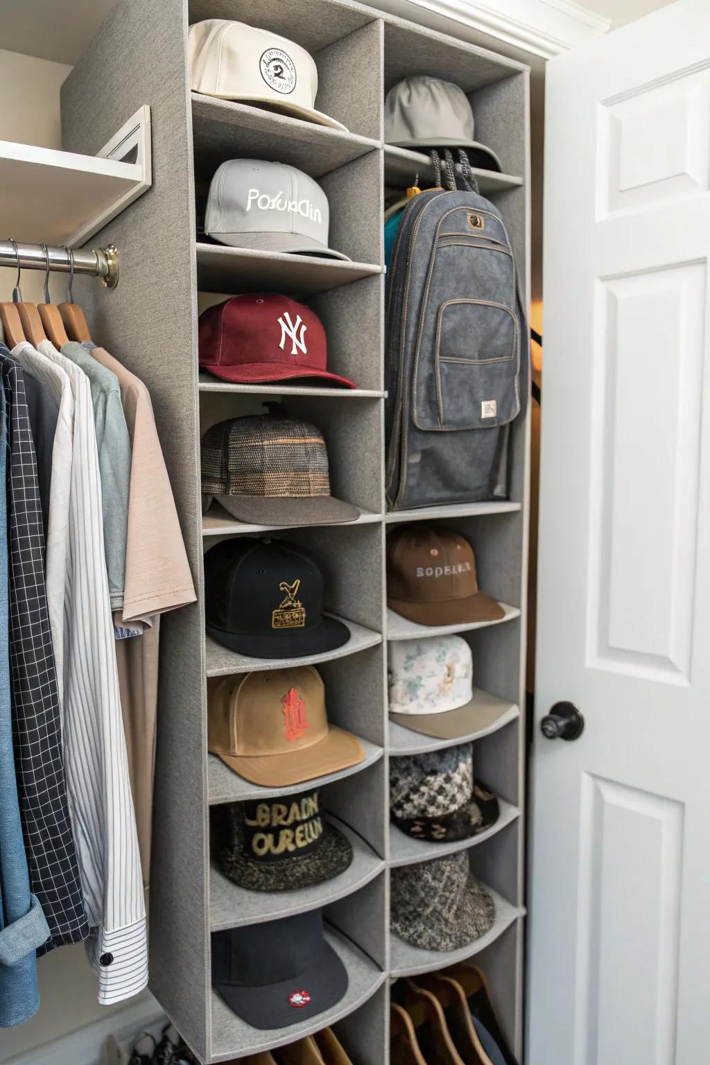 Wardrobe featuring sections for hat arrangement.