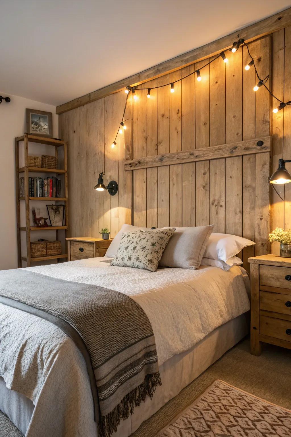 Wood headboard lights bring rustic appeal and a feeling of warmth.