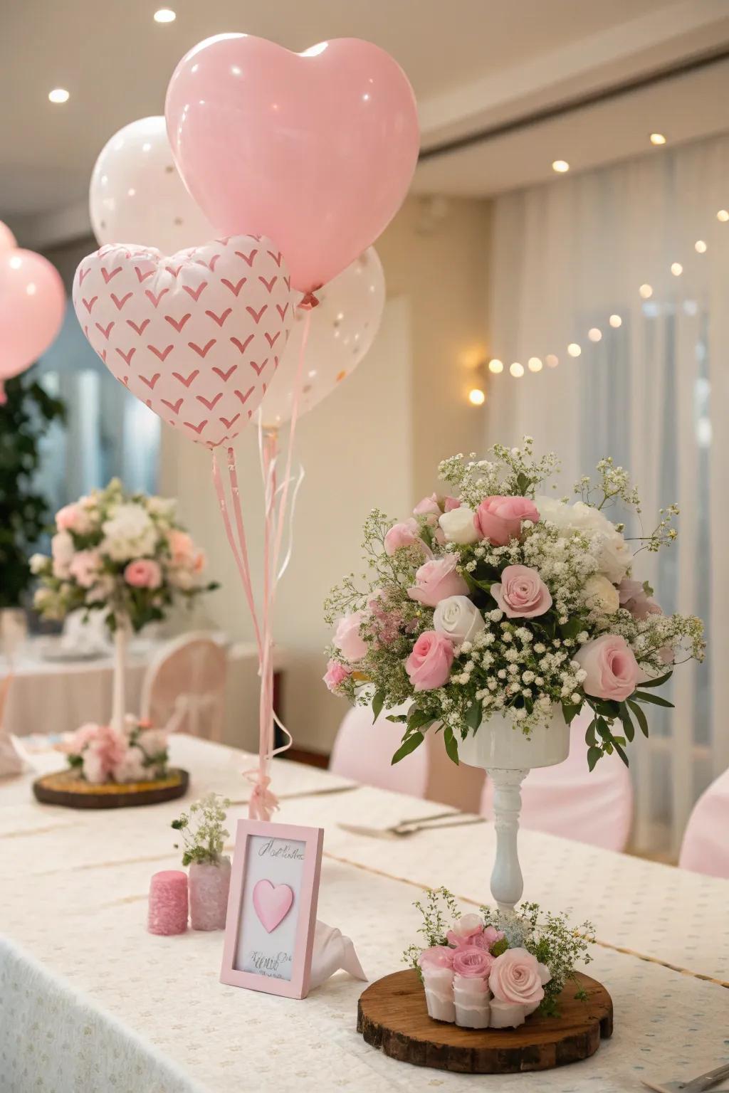 Charming heart balloon table pieces integrated with blossoms.