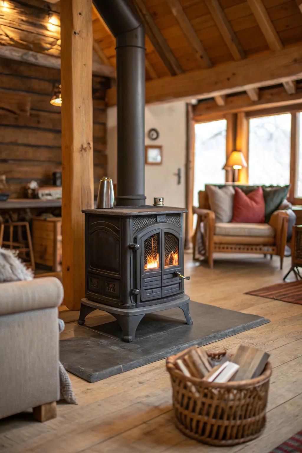 A rustic room showcasing a traditional wood-fueled burner, perfect for creating a cabin-like atmosphere.