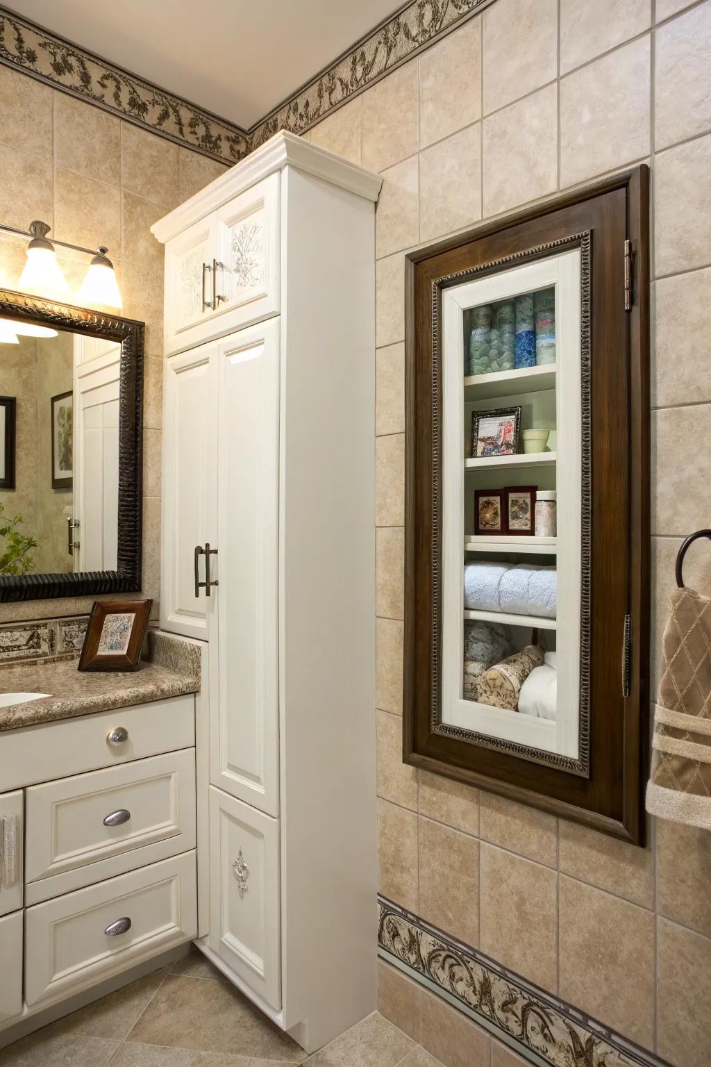 A picture frame ingeniously masking a hidden medicine cabinet.