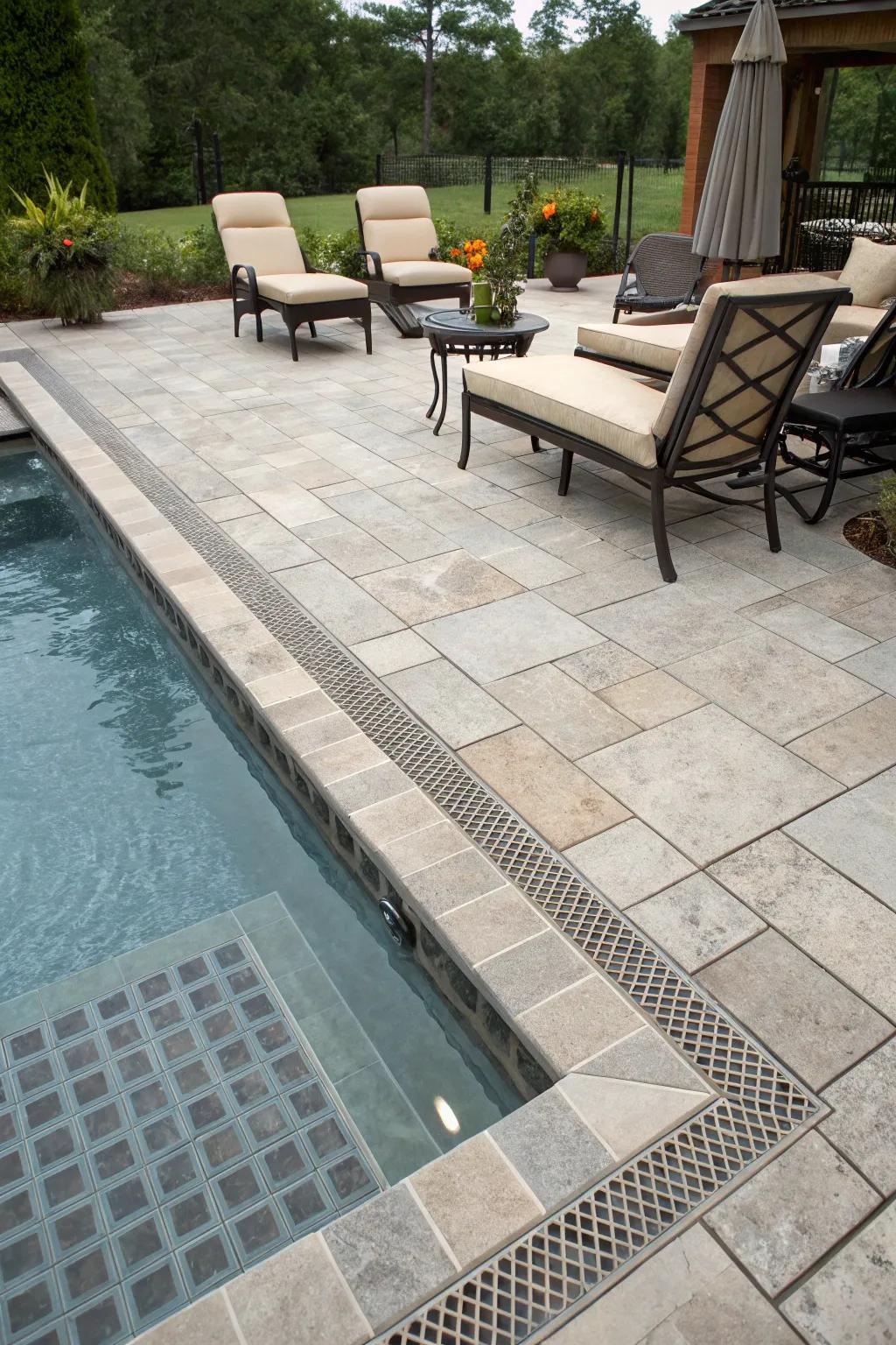 A pool deck showcasing inlaid drain solutions for a perfectly seamless surface.
