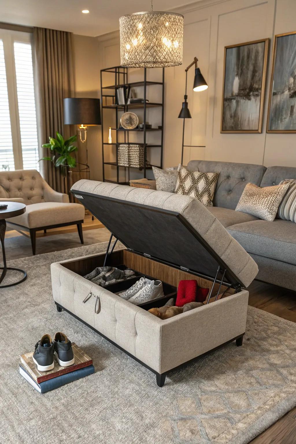 Versatile furniture with secret storage offers style and practicality.