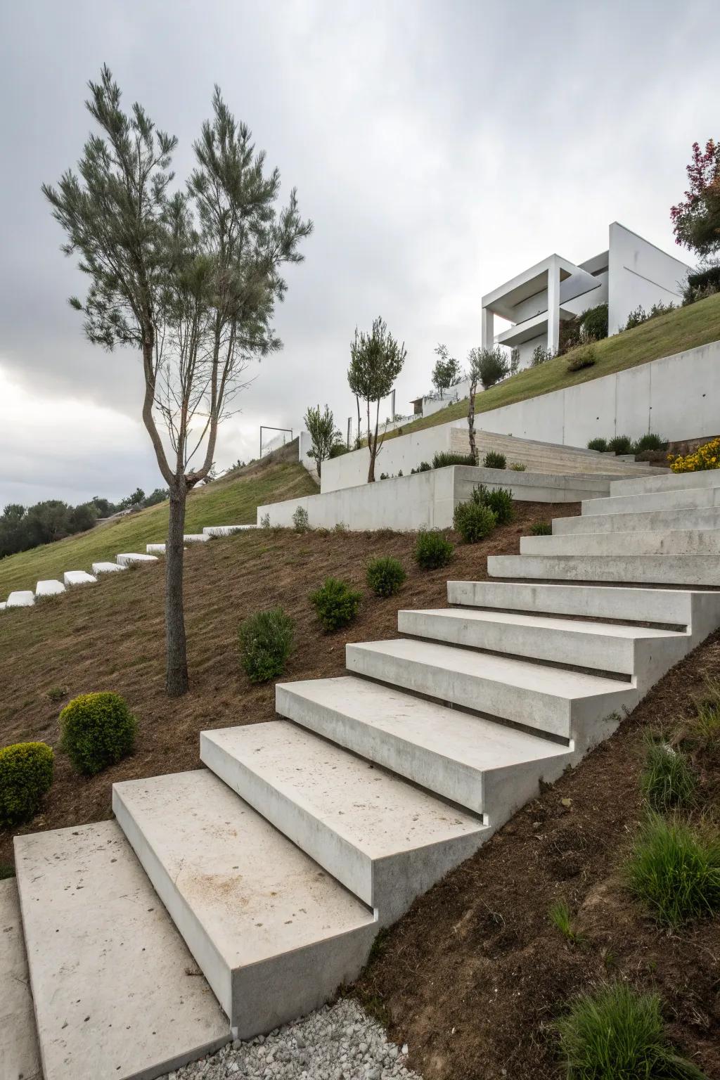 Suspended concrete platforms add a sleek touch to your landscape.