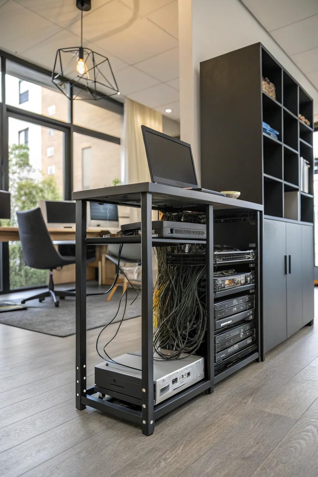 Hide your network setup under the desk for a tidy workspace.