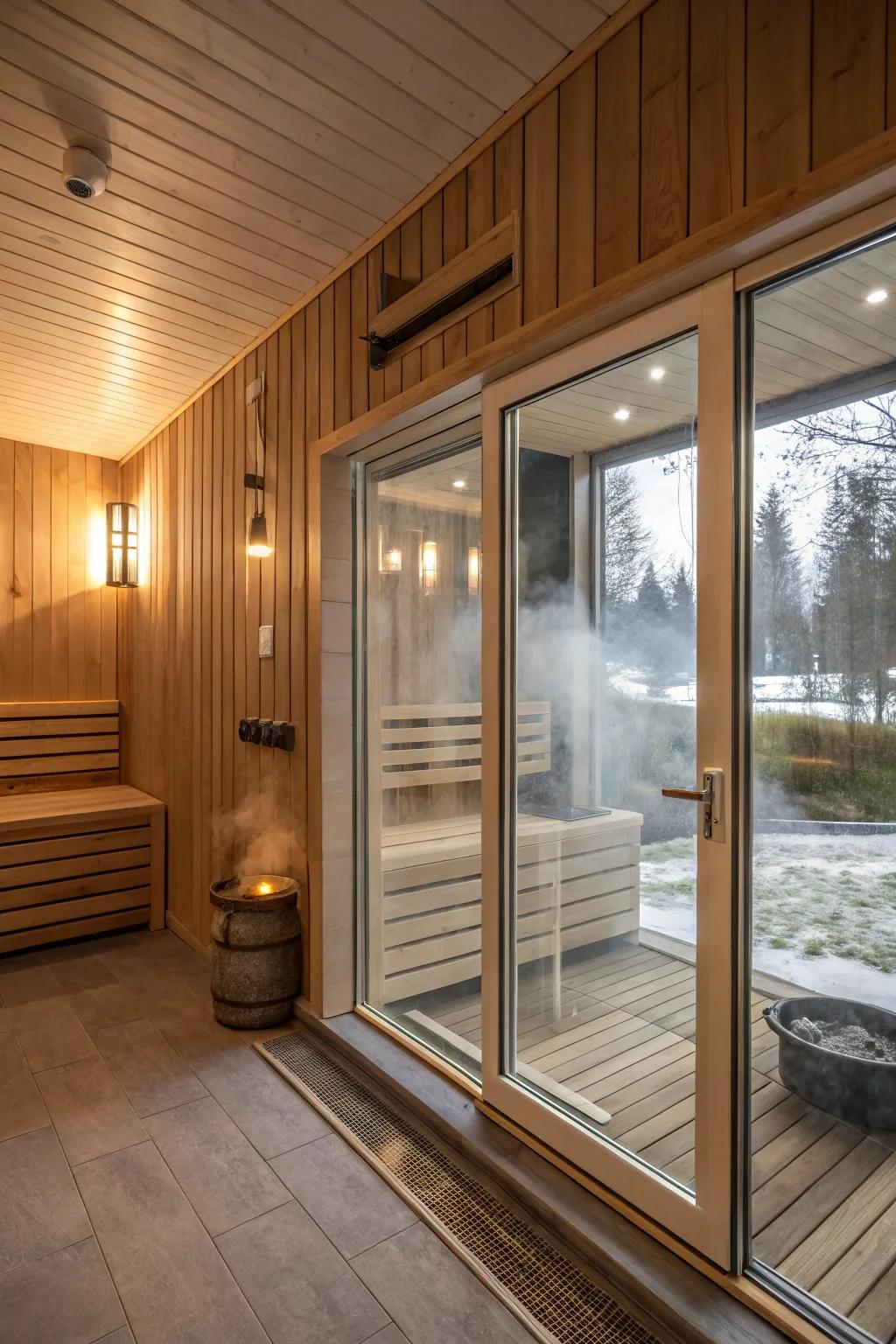 A sauna showcasing see-through entrances that fluently incorporate the surrounding space.