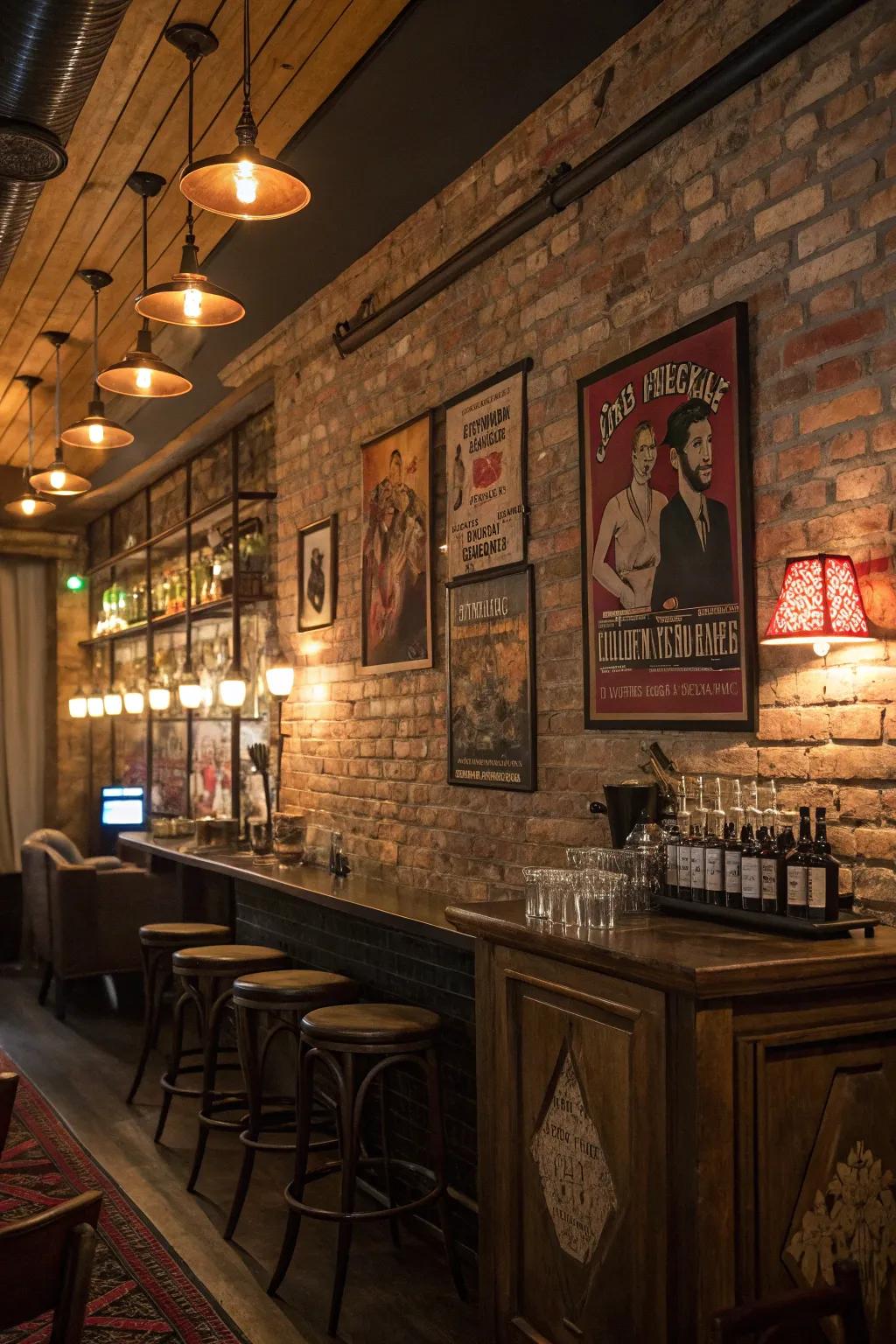 Uncovered brick facades introduce a rustic, genuine sensation to your speakeasy.