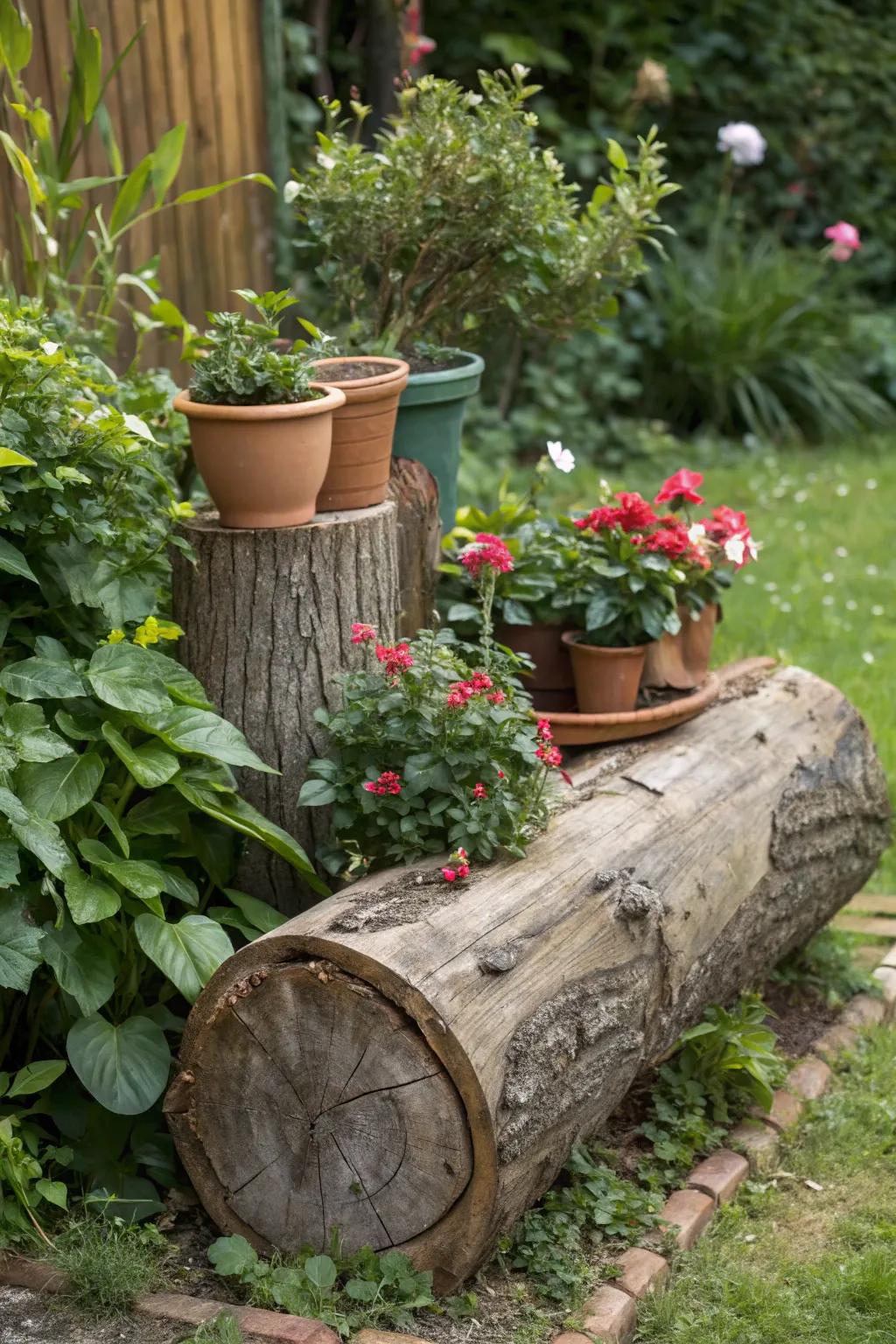 Logs and stumps create charming rustic plant displays.