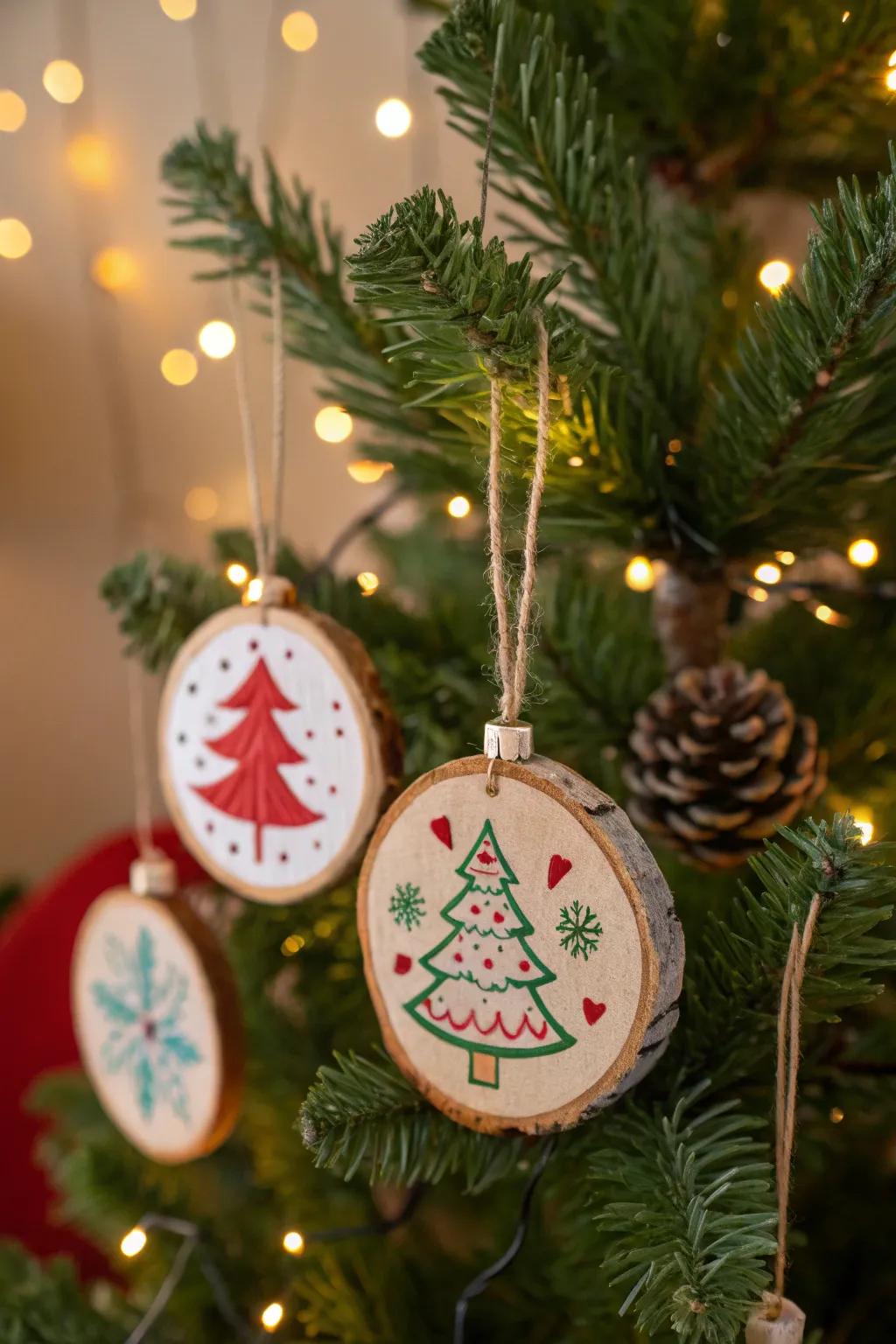 Hand-painted wooden slice ornaments adding rustic charm to the holiday decor.