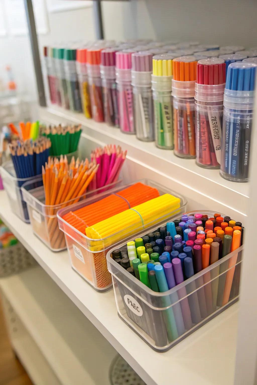 See-through bins make it simple to find and grab art supplies fast.