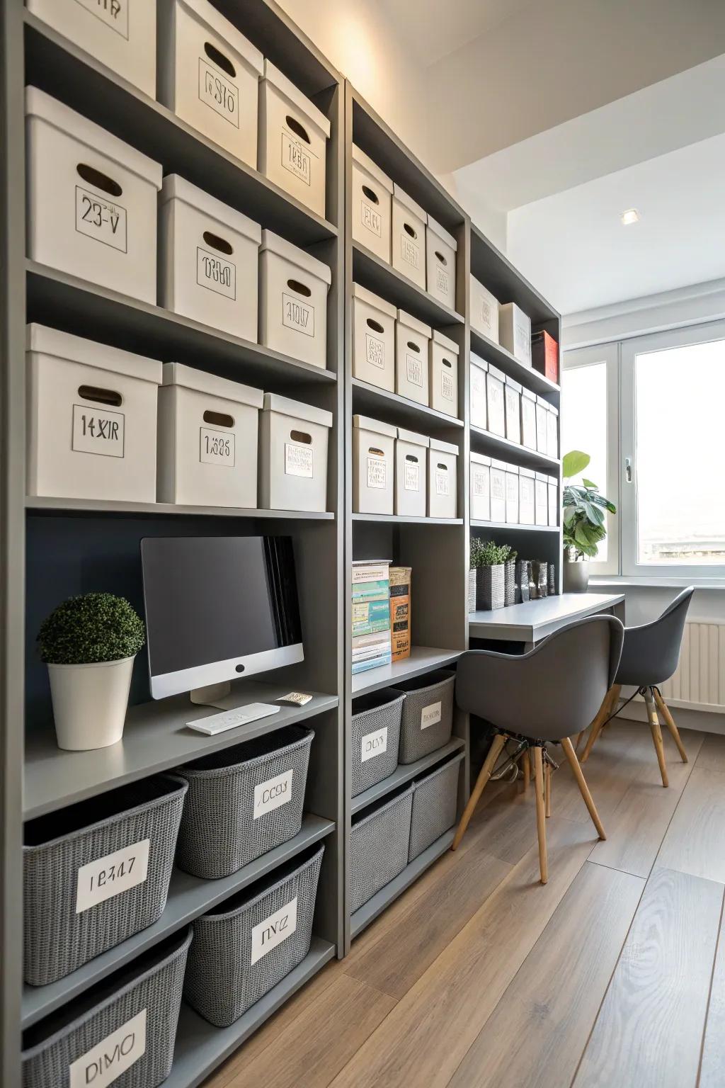 Well-organized storage bins maintaining a tidy study space.