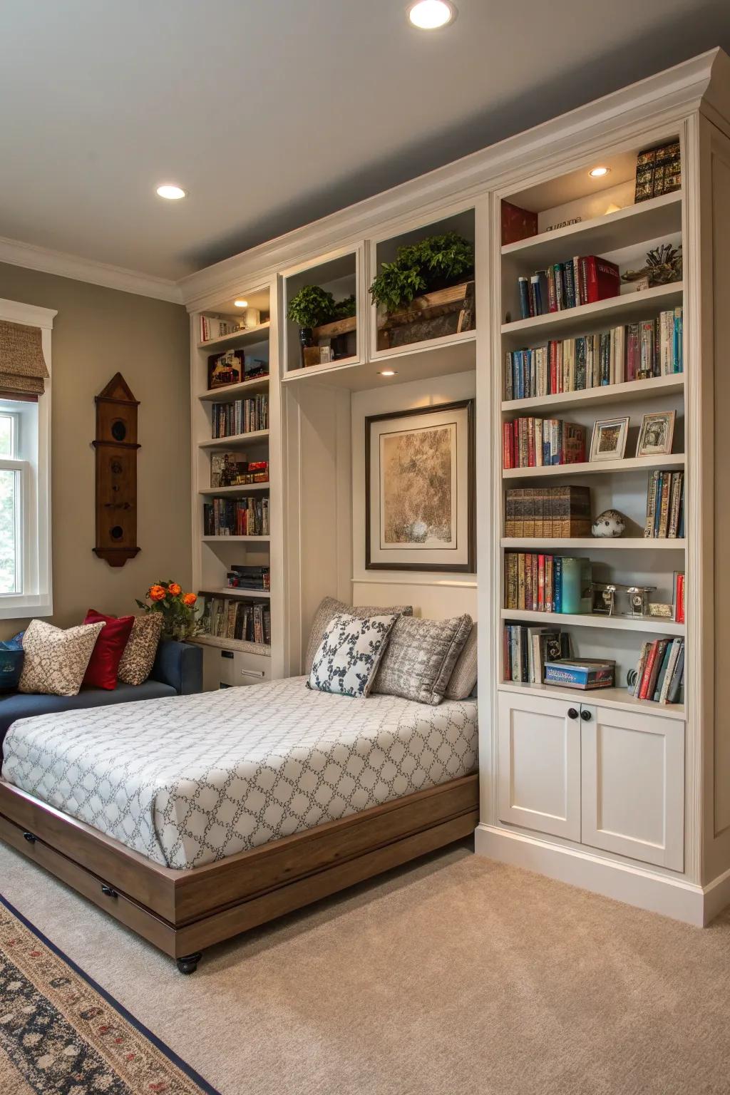 A hideaway bed hidden behind stylish bookcases, mixing storage with sleeping space.