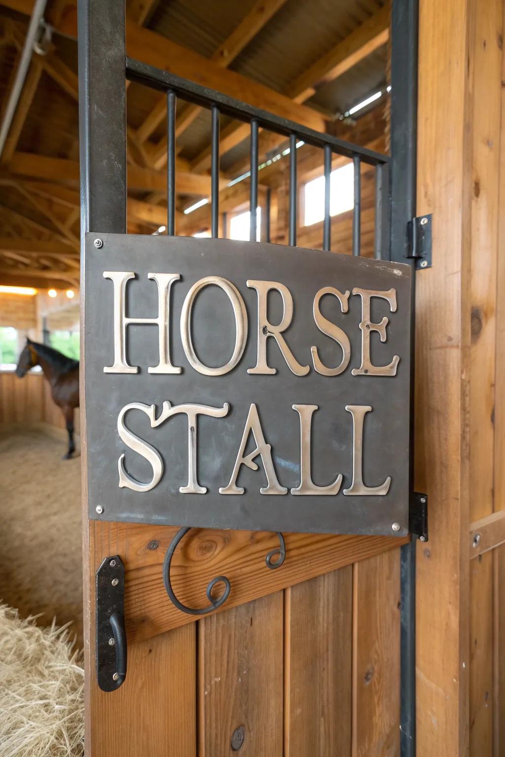 An inscribed metallic plate imparting a modern aesthetic to a stall.