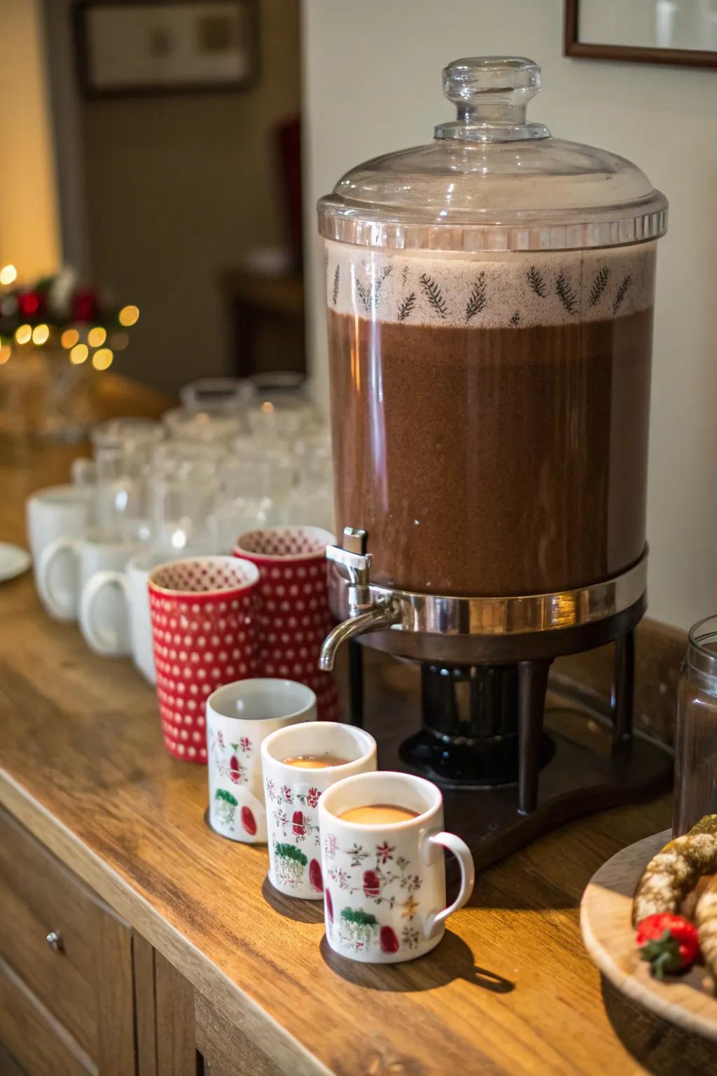 A hot chocolate dispenser beside a selection of joyful mugs.